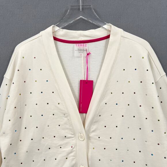 TEREZ Gems Chili Cardigan Sweatshirt Womens Medium Cream Rainbow Rhinestone NWT - Picture 5 of 16